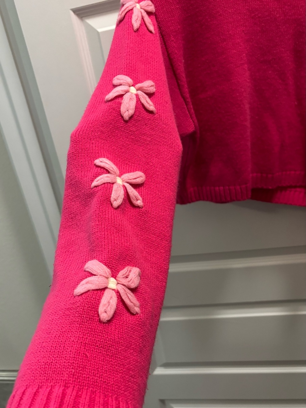 Altar'd State Hot Pink Cropped Crewneck Sweater with Floral Sleeve Details - Picture 2 of 4